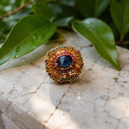 Neelam Sapphire Blue Ruby & Emerald Floral Ring - image 6