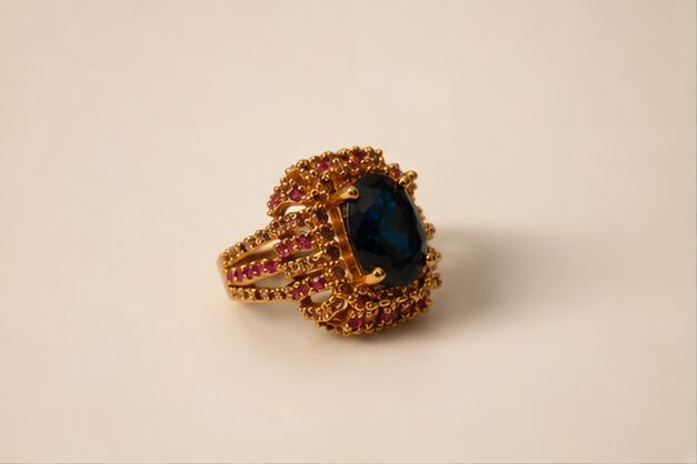 Saher Sapphire Blue Ruby Filigree Statement Ring - image 1
