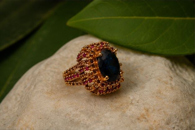 Saher Sapphire Blue Ruby Filigree Statement Ring - image 3