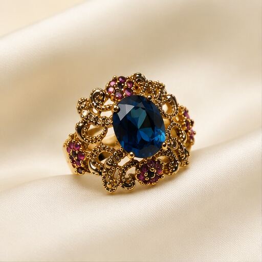 Mehrunisa Sapphire Blue Ruby Filigree Cocktail Ring - image 1