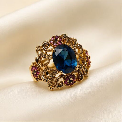 Mehrunisa Sapphire Blue Ruby Filigree Cocktail Ring - image 1