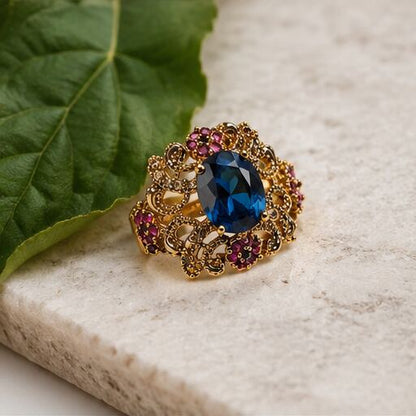 Mehrunisa Sapphire Blue Ruby Filigree Cocktail Ring - image 3