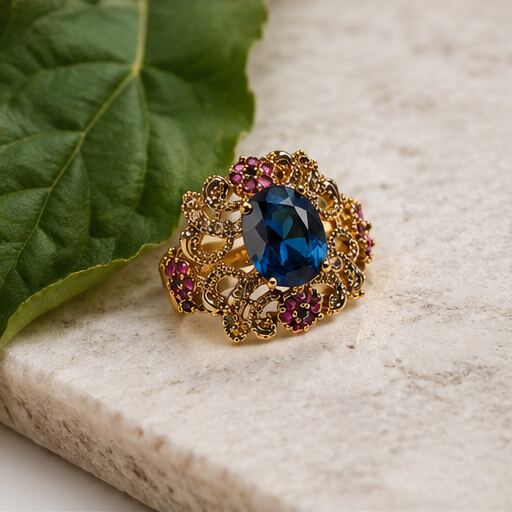 Mehrunisa Sapphire Blue Ruby Filigree Cocktail Ring - image 3