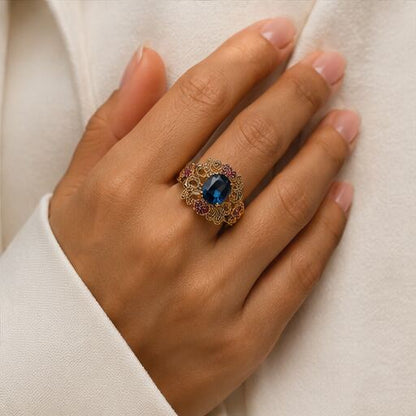 Mehrunisa Sapphire Blue Ruby Filigree Cocktail Ring - image 4