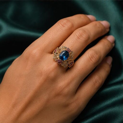 Mehrunisa Sapphire Blue Ruby Filigree Cocktail Ring - image 5