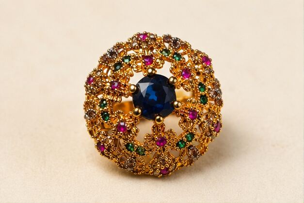 Gulnaar Sapphire Ruby Emerald Filigree Ring - image 1
