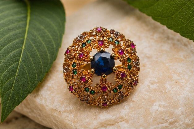 Gulnaar Sapphire Ruby Emerald Filigree Ring - image 3