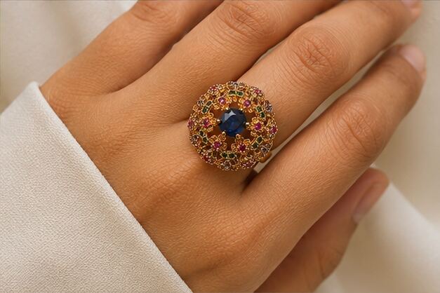 Gulnaar Sapphire Ruby Emerald Filigree Ring - image 4