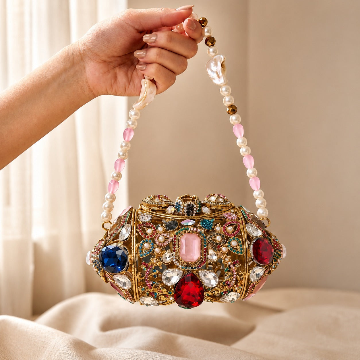 Multicolour Jewel Barrel Clutch with Pearl Handle