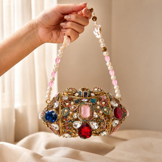 Multicolour Jewel Barrel Clutch with Pearl Handle