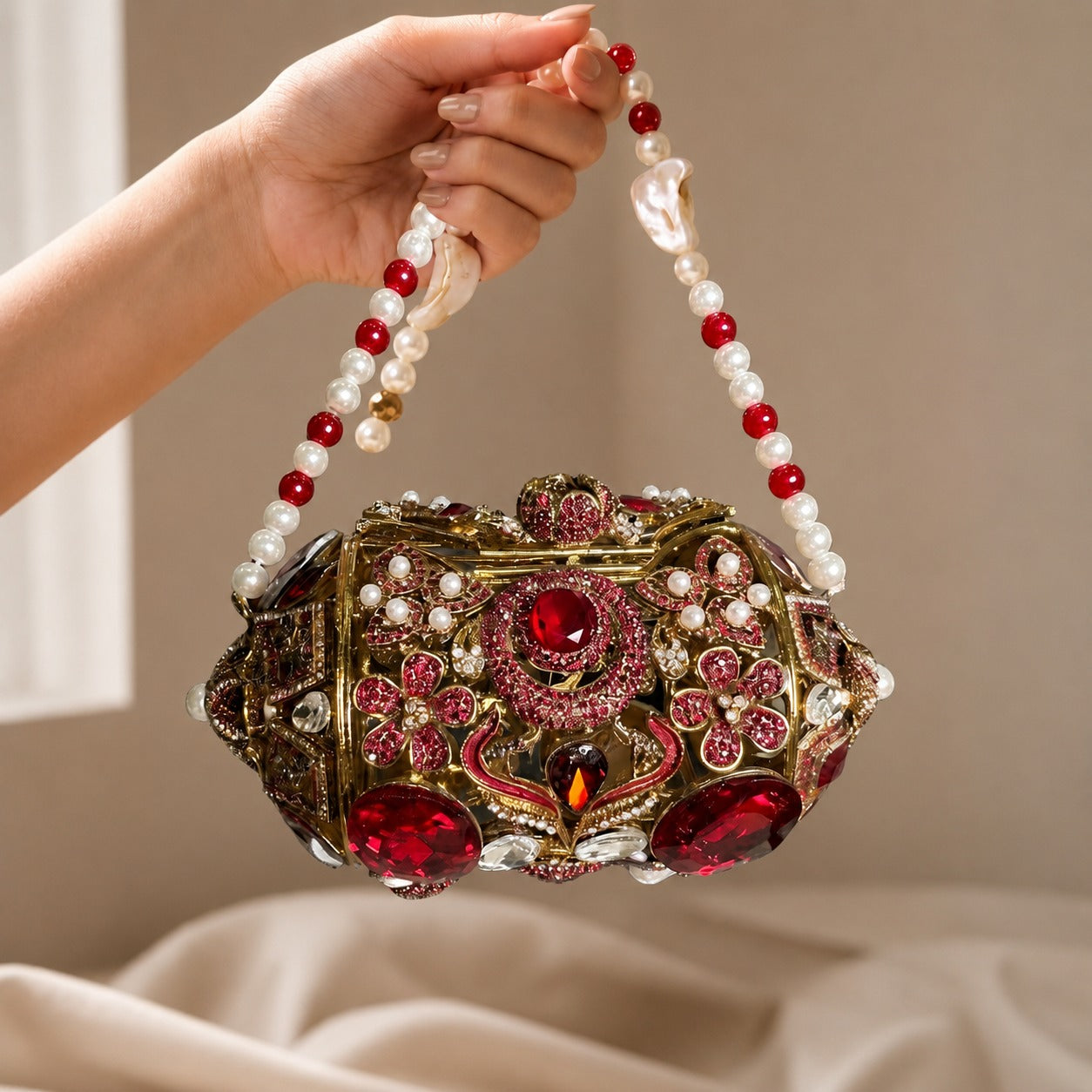Ruby Red Floral Barrel Clutch with Pearl Handle