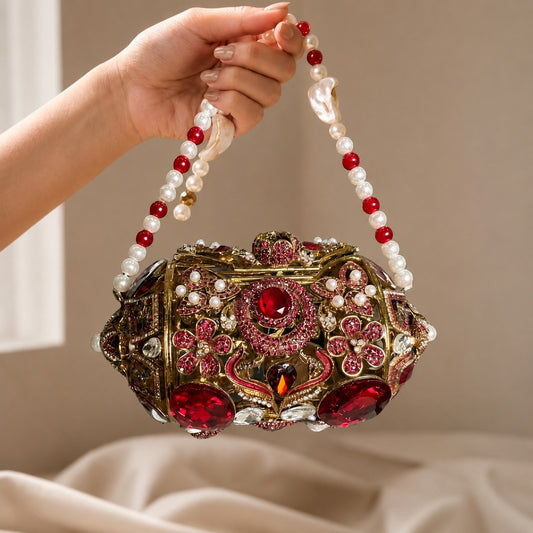 Ruby Red Floral Barrel Clutch with Pearl Handle