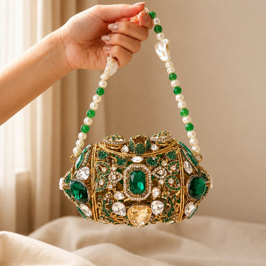 Emerald & Diamond Filigree Barrel Clutch with Pearl Handle