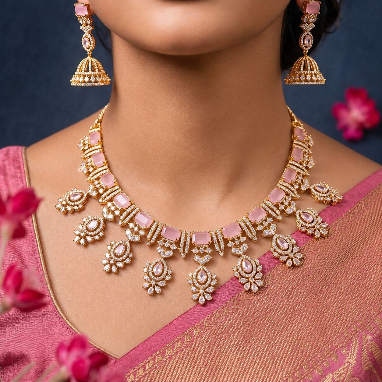 Pink Floral Drop Necklace & Earring Set