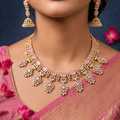 Pink Floral Drop Necklace & Earring Set