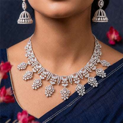 Pink Floral Drop Necklace & Earring Set
