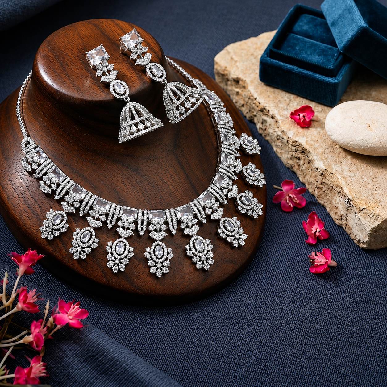 Pink Floral Drop Necklace & Earring Set