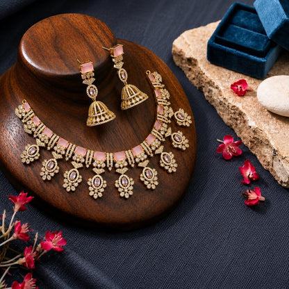 Pink Floral Drop Necklace & Earring Set