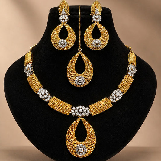 Gold Mesh Statement Necklace & Teeka Set