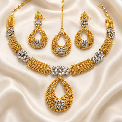 Gold Mesh Statement Necklace & Teeka Set