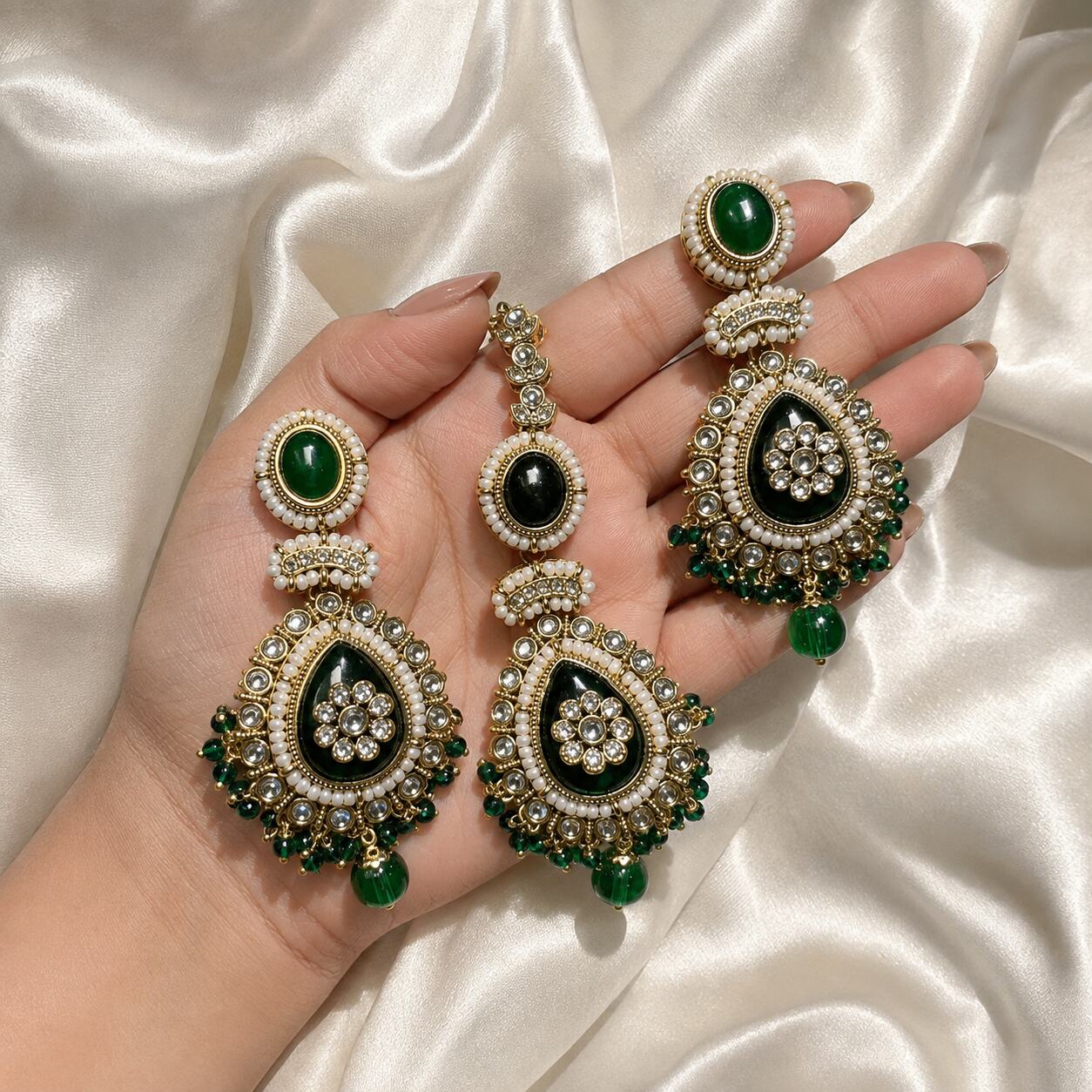 Roshni Green Kundan Jhumka Earrings and Teeka Set hand-held view