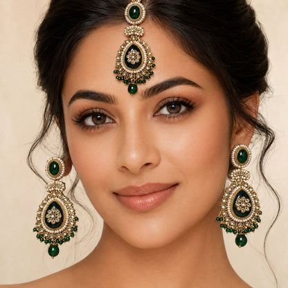Roshni Green Kundan Jhumka Earrings and Teeka Set model view