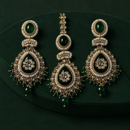 Roshni Green Kundan Jhumka Earrings and Teeka Set