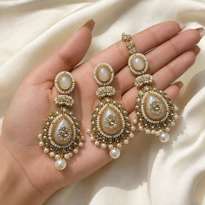 Roshni Pearl Kundan Jhumka Earrings and Teeka Set hand-held view
