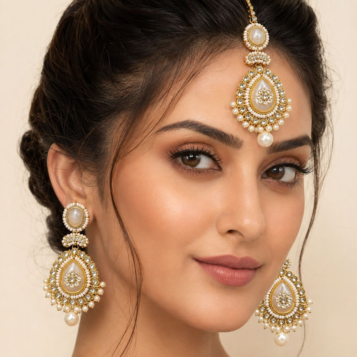 Roshni Pearl Kundan Jhumka Earrings and Teeka Set model view