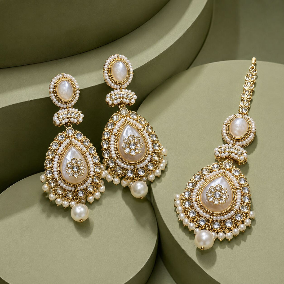 Roshni Pearl Kundan Jhumka Earrings and Teeka Set