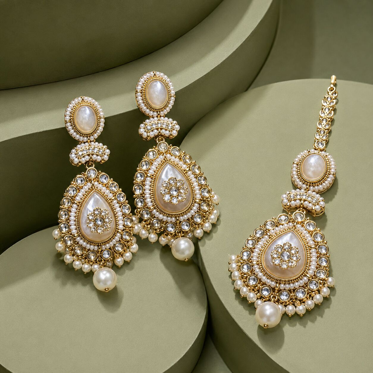 Roshni Pearl Kundan Jhumka Earrings and Teeka Set