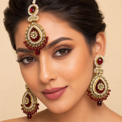 Roshni Red Kundan Jhumka Earrings and Teeka Set model view