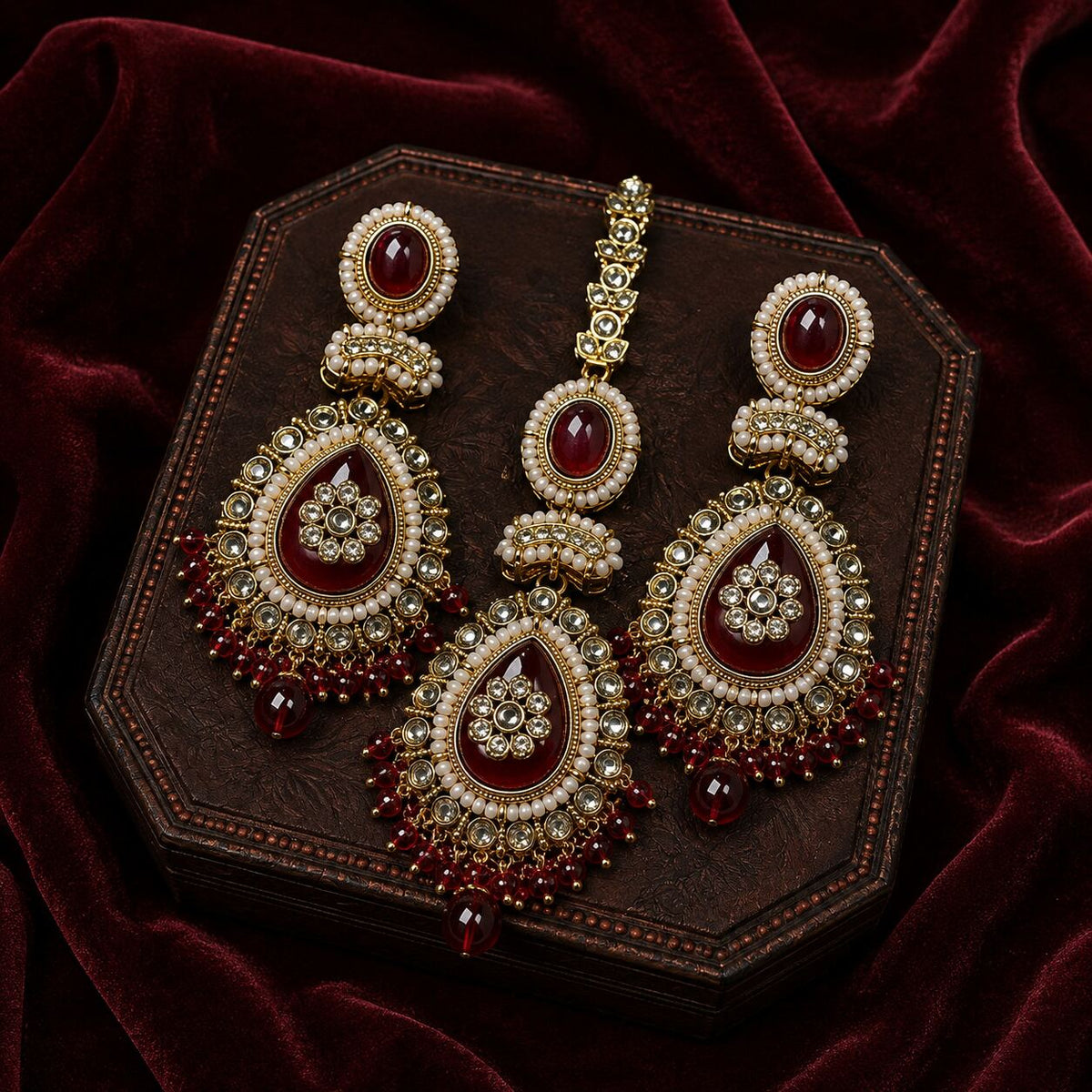Roshni Red Kundan Jhumka Earrings and Teeka Set
