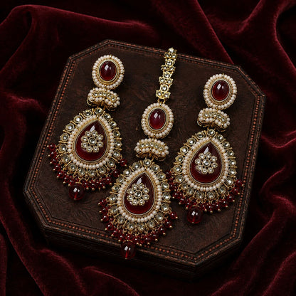 Roshni Red Kundan Jhumka Earrings and Teeka Set