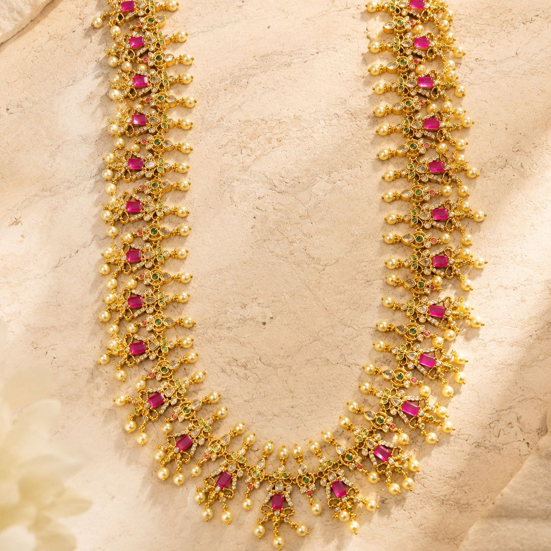 Ruby Kundan Pearl Mala Necklace