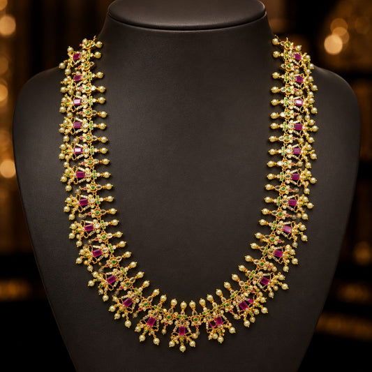 Ruby Kundan Pearl Mala Necklace