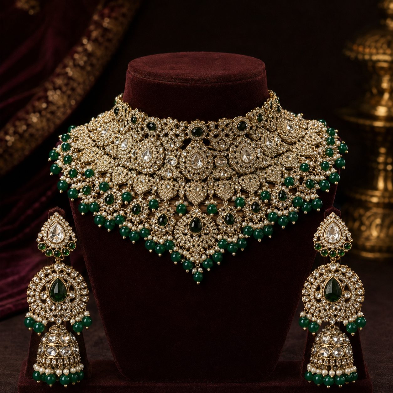 Shahi Noor Emerald Polki Kundan Bridal Jewellery Set complete product display