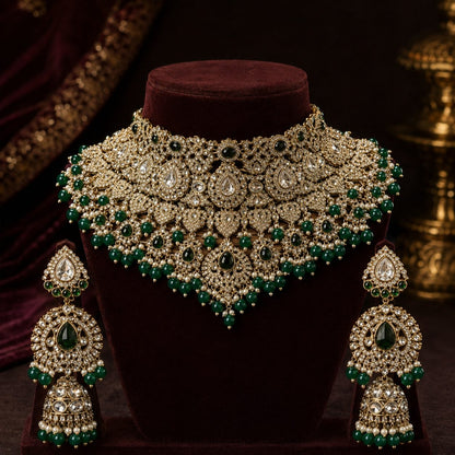 Shahi Noor Emerald Polki Kundan Bridal Jewellery Set complete product display