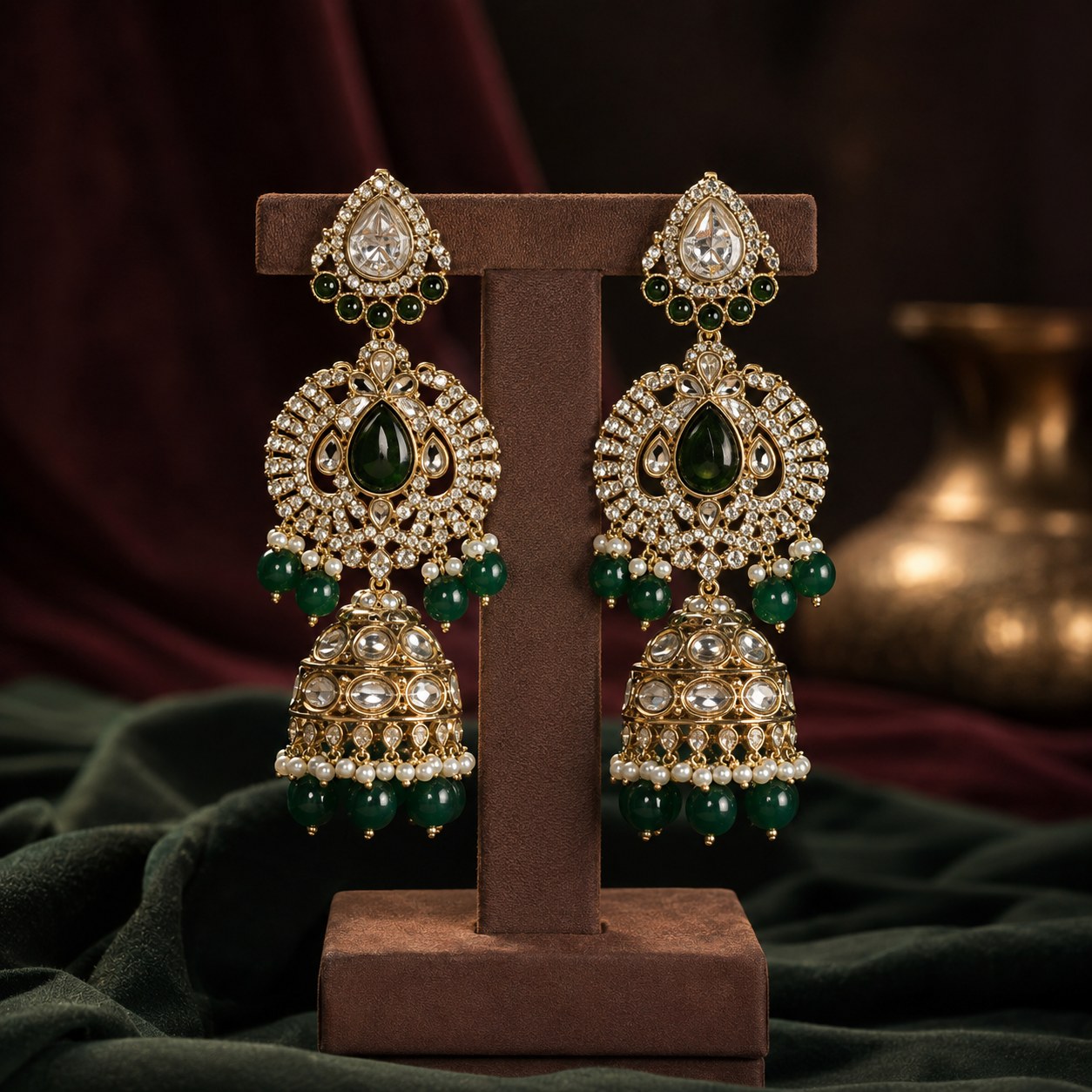 Shahi Noor Emerald Polki Kundan bridal earrings solo product shot