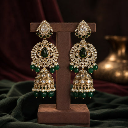 Shahi Noor Emerald Polki Kundan bridal earrings solo product shot