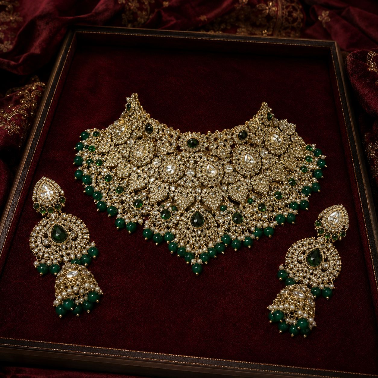 Shahi Noor Emerald Polki Kundan Bridal Jewellery Set alternate complete display