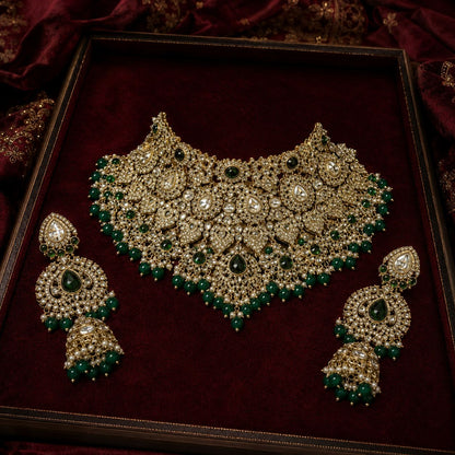 Shahi Noor Emerald Polki Kundan Bridal Jewellery Set alternate complete display