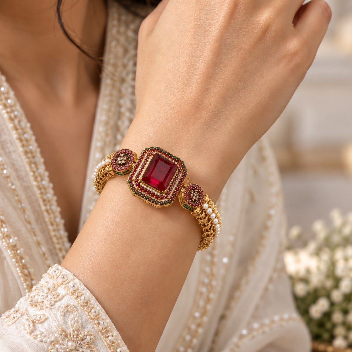 Rang-e-Noor Rectangular Stone Cuff Bangle