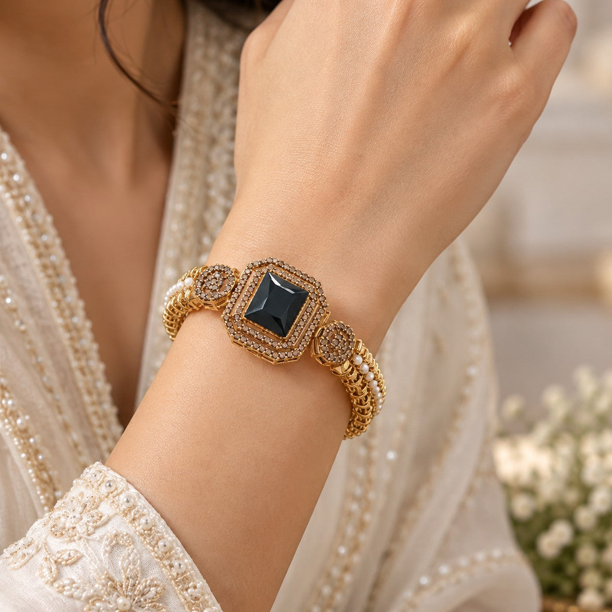 Rang-e-Noor Rectangular Stone Cuff Bangle