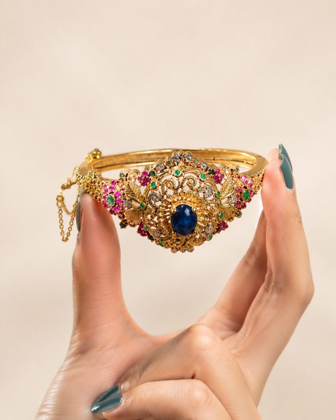 Shehzadi Filigree Gemstone Bangle – Blue model view 2