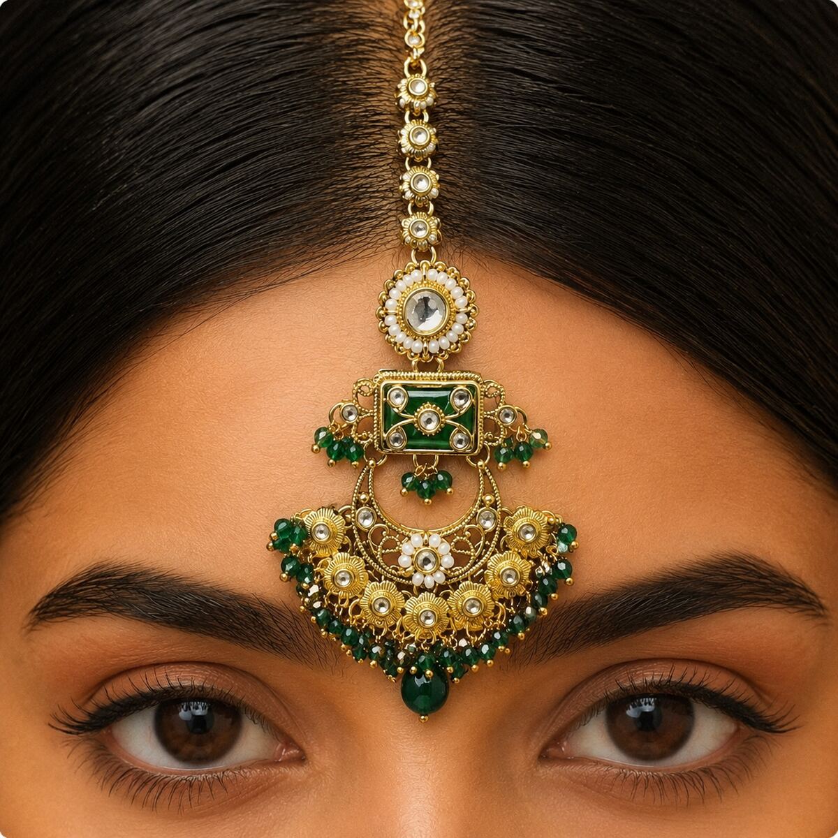Zarafshan Crescent Kundan Teeka - Green 4