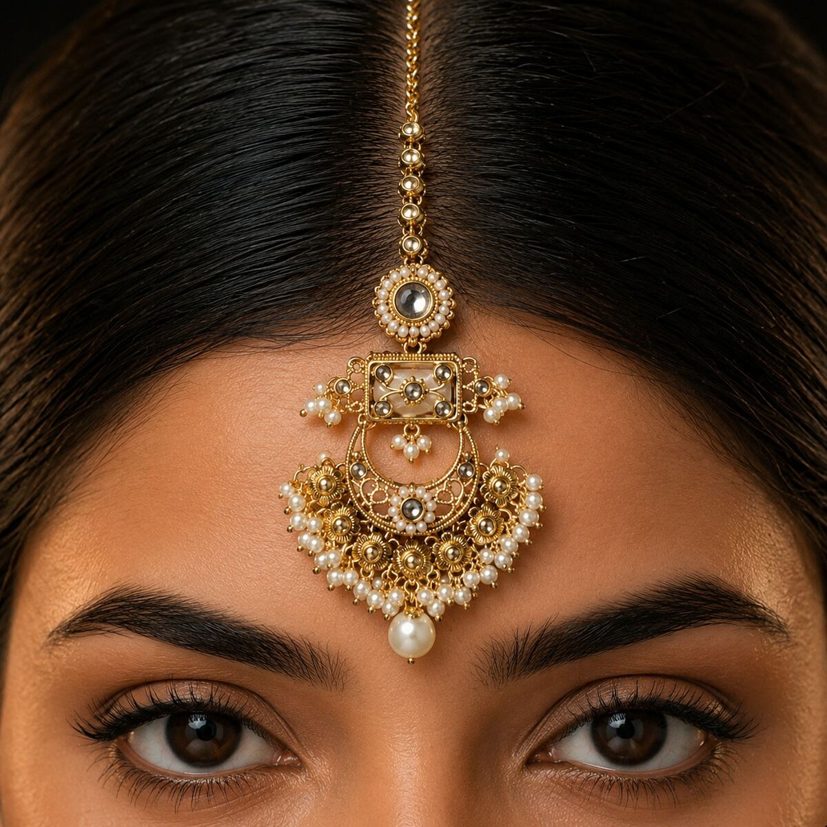 Zarafshan Crescent Kundan Teeka - Pearl 4