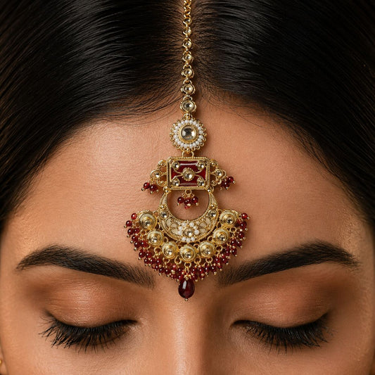 Zarafshan Crescent Kundan Teeka - Red 4
