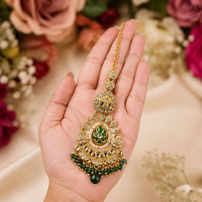 Noor-e-Mahal Teardrop Kundan Teeka - Green 2