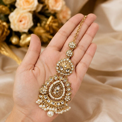 Noor-e-Mahal Teardrop Kundan Teeka - Pearl 3
